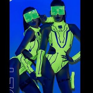 💚 Neon Cyber Rave Bodysuit Set | Glow PU Leather GoGo Outfit EDM Festival 💚 NEW
